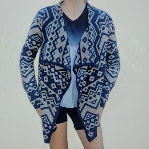 THML Anthropologie Womens Small Boho Navy Gray Open Front Cardigan Waterfall EUC
